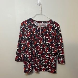 Talbots Red Grey White Floral Top with Clasp at Neckline
